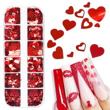 

12 Grid Laser Love Heart Red Nail Art Sequins Mixed Sparkle Glitter Flakes Decoration Accessories Resin Filler Jewelry DIY