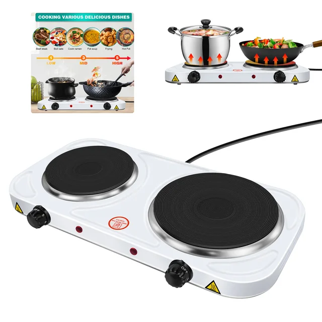 Plaque chauffante électrique filaire 1500W, Double plaque chauffante, brûleur électrique à 2 anneaux avec réglages de chaleur variables, cuisinière électrique de Table, camping 1