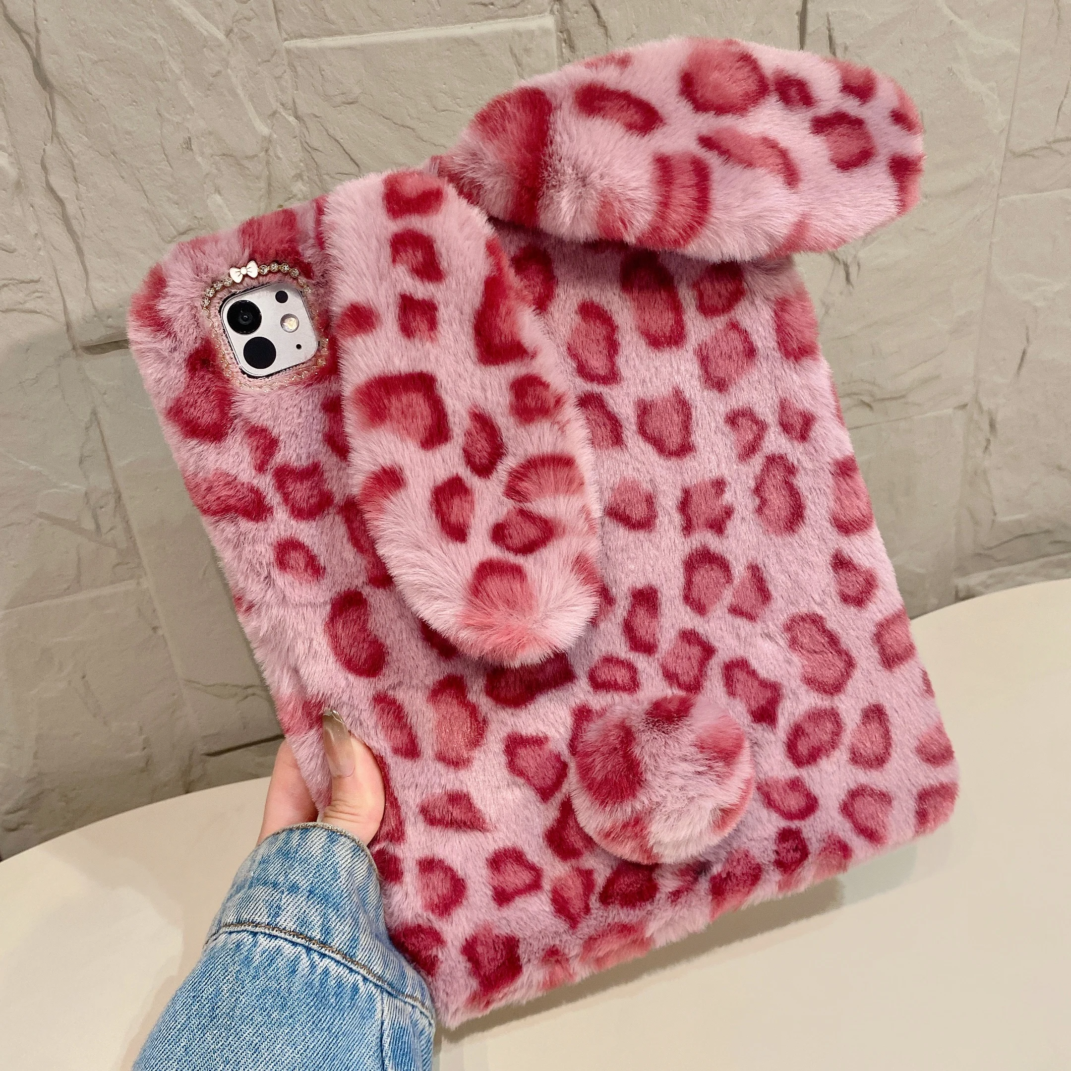 Adorable Fluffy Leopard Bunny Tablet Case with Pen Holder Cover