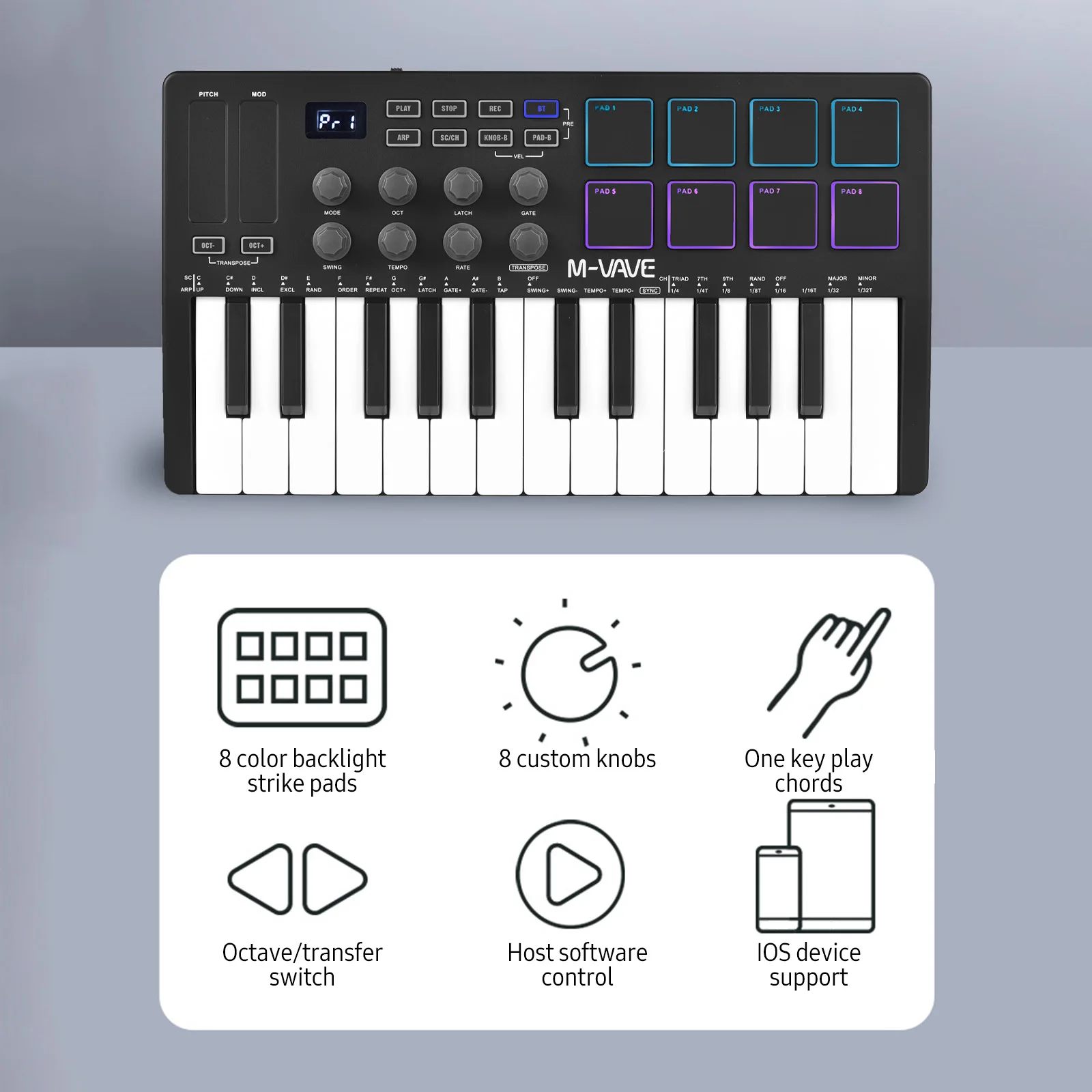 M-VAVE 25-Key MIDI Control Keyboard Mini Portable USB MIDI Keyboard Controller & Sensitive Keys 8 RGB Backlit Pads 8 Knobs