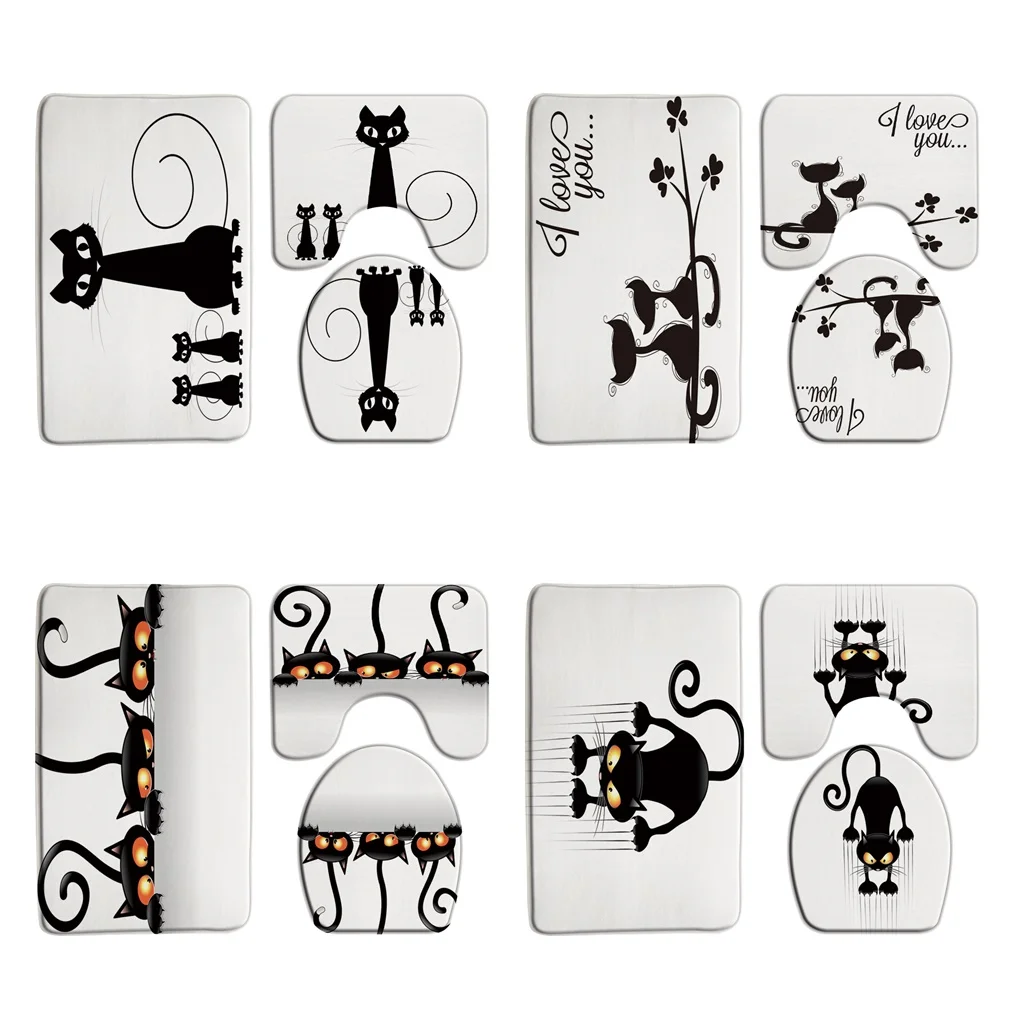 

Cat Bath Mat Sets Funny Cartoon Black Cat Head Pattern Bathroom Rug 3Pcs Non-Slip Bathmat Antiskid Pad Doormat Toilet Lid Cover