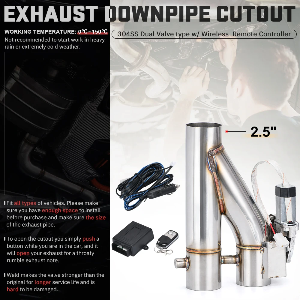 Exhaust Control Valve Exhaust Pipe Valve Kit Exhaust Pipe Valve Universal Stainless Steel 304 2.0" 2.25" 2.5" 3" Dual-Valve Electric Exhaust Downpipe Cutout With Remote Wireless Accessories