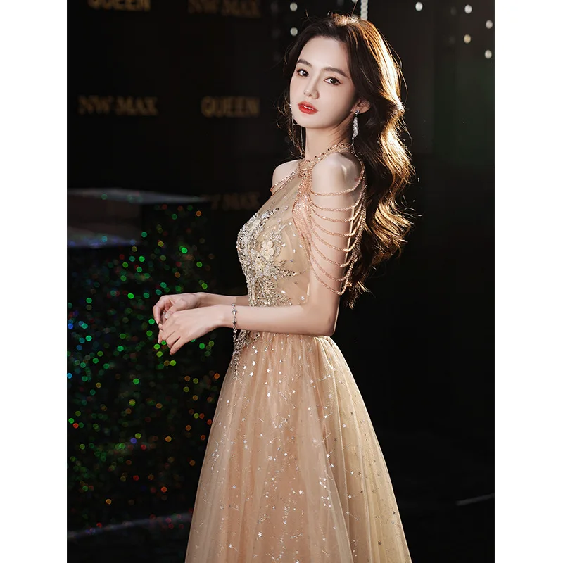 

Elegant Neck-Mounted Applique Beading Tassel Back Zipper Bride Gowns Party Banquet Female Stage Show Dresses Cheongsam
