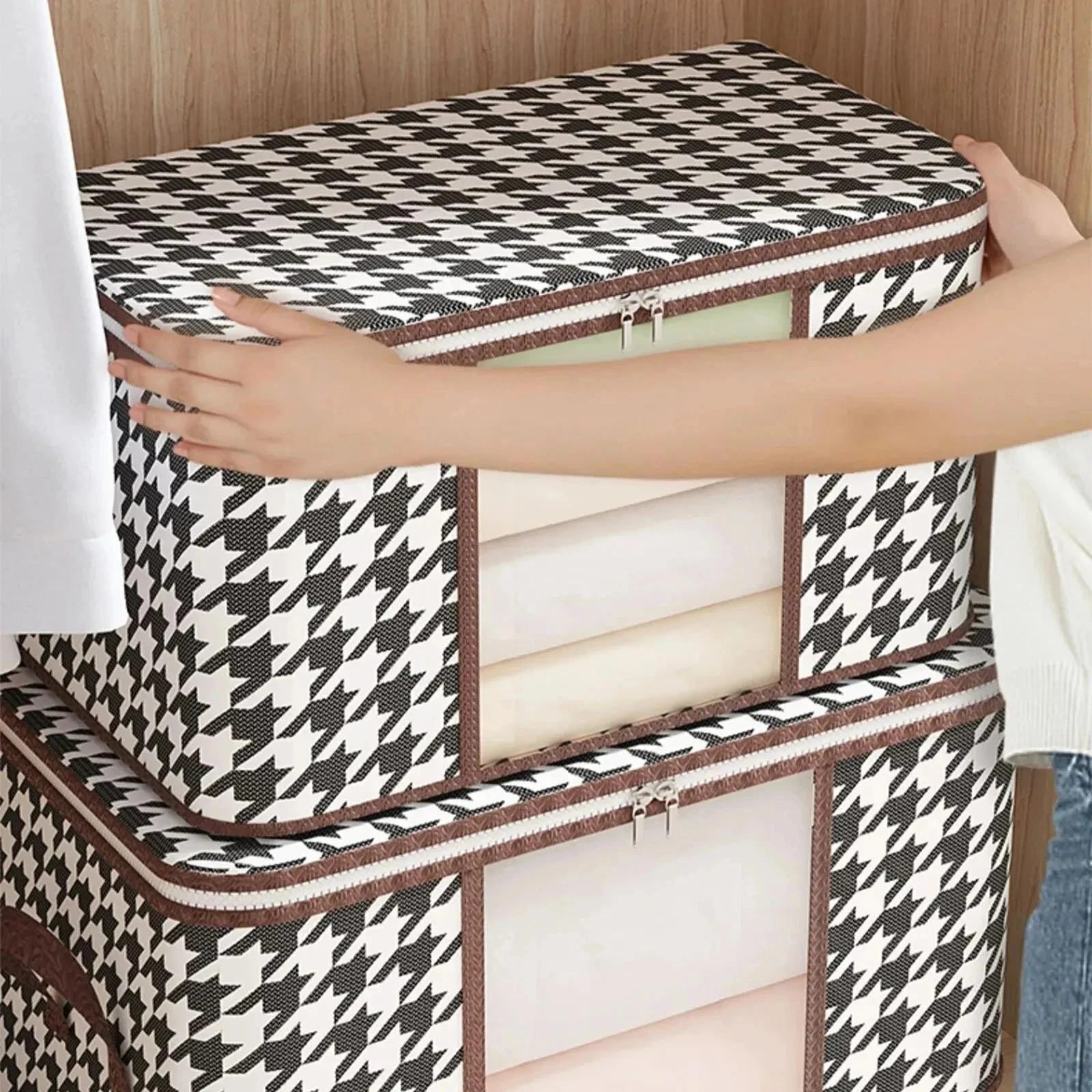 Storage Box Visible Large Capacity Portable Household Clothes Organizer Handles Foldable Dustproof Quilt Zipper Container