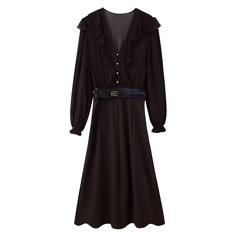 Woman Ruffles Elegant Dress 2025 New Fashion With Belt Women's Party Dresses Long Sleeve V neck High Street Casual Dress ﻿