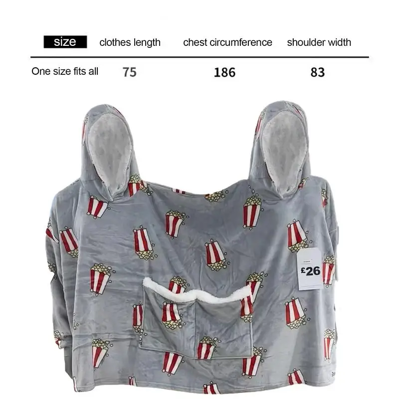 New Double Hoodie Blanket Long Sleeve Home Coral Fleece Sleepwear With Popcorn Pattern Blanket Hoodie For Two People Family