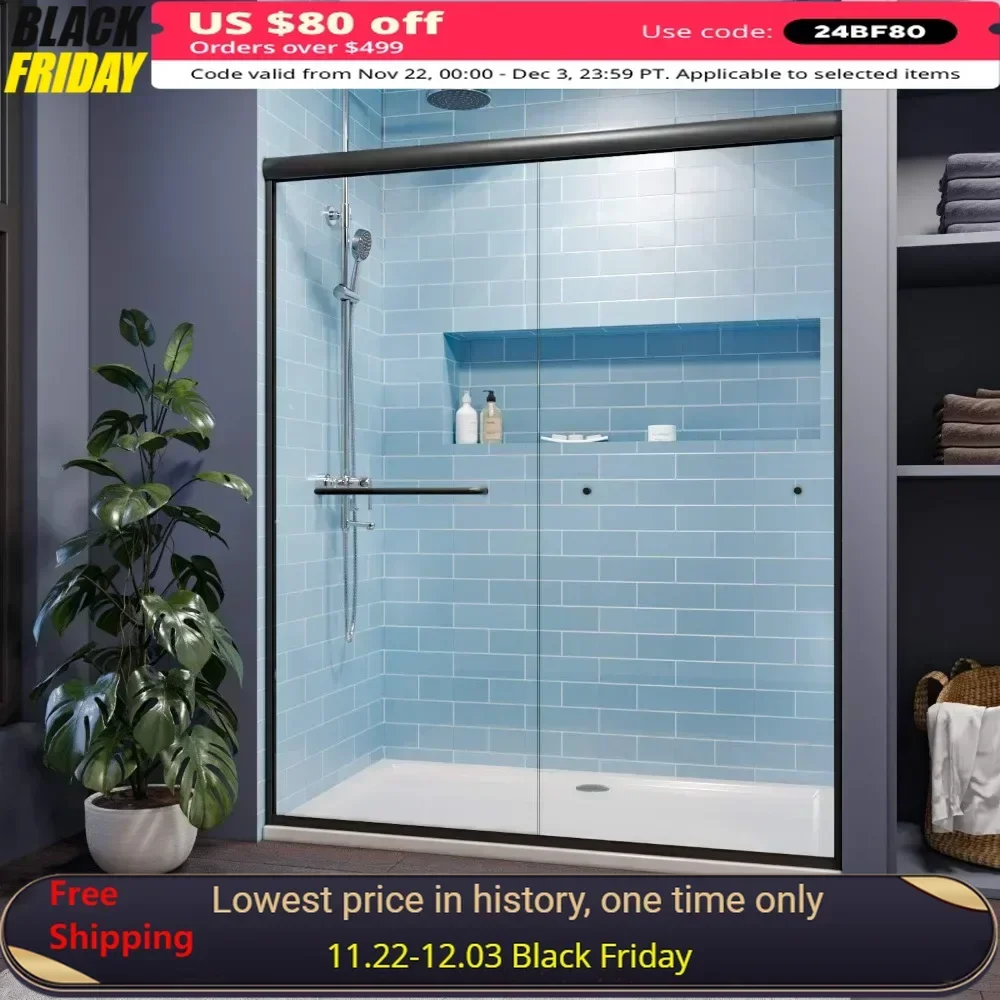 58.5 in.- 60 in. W X 72 in. H Shower Doors, 1/4 in. Clear Glass, Black Hardware, Double Sliding Glass Shower Doors 2