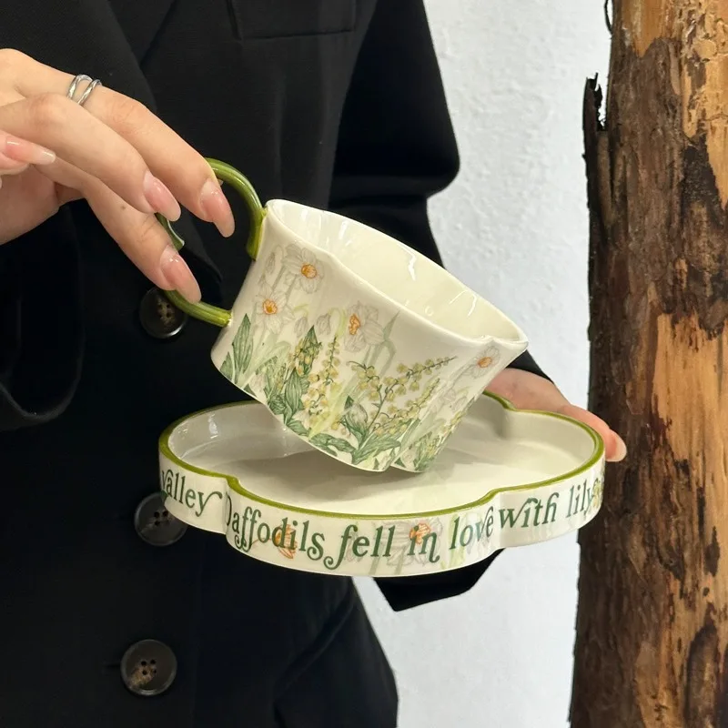Luxury Unique Ceramic Coffee Mug - Oil Painting Clover Windbell Flower, Elegant Cup Saucer Gift for Women Elegant Ceramic Mug