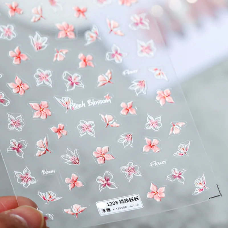 

Самоклеящиеся наклейки для ногтей с выгравированной акриловой гравировкой, белыми линиями и розовыми цветами, слайдер «сделай сам» для ман...