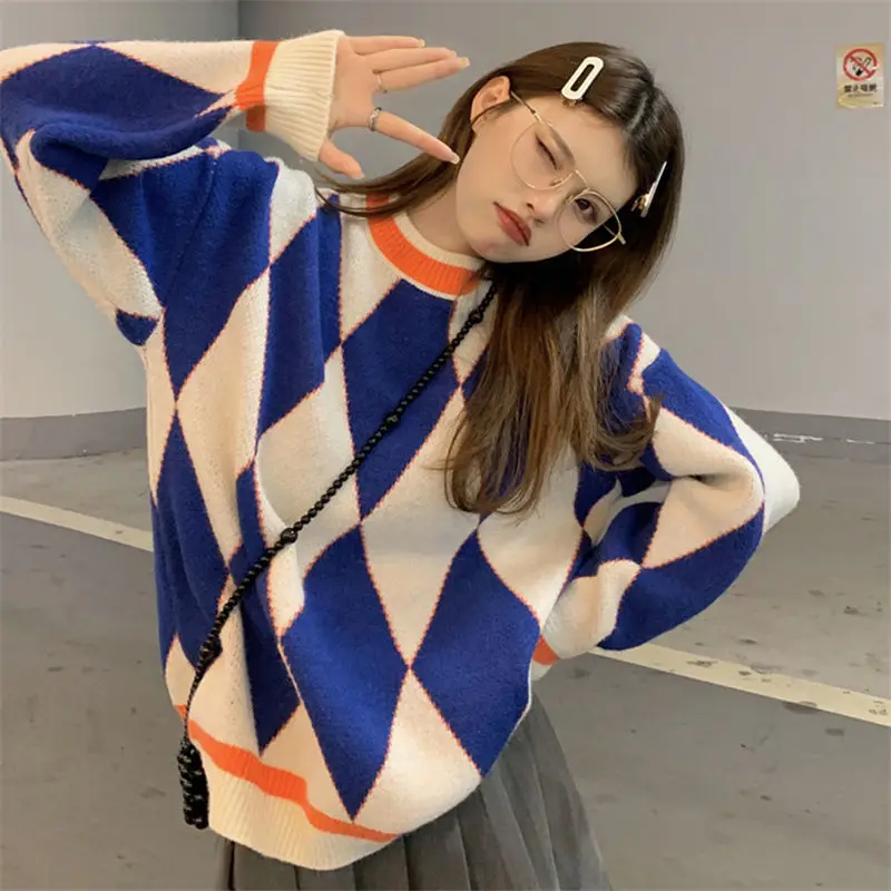 argyle sweater New Fashion Women Stitching Plaid Sweater Sweet Loose and Versatile Warm Knit Top for Women pink cardigan