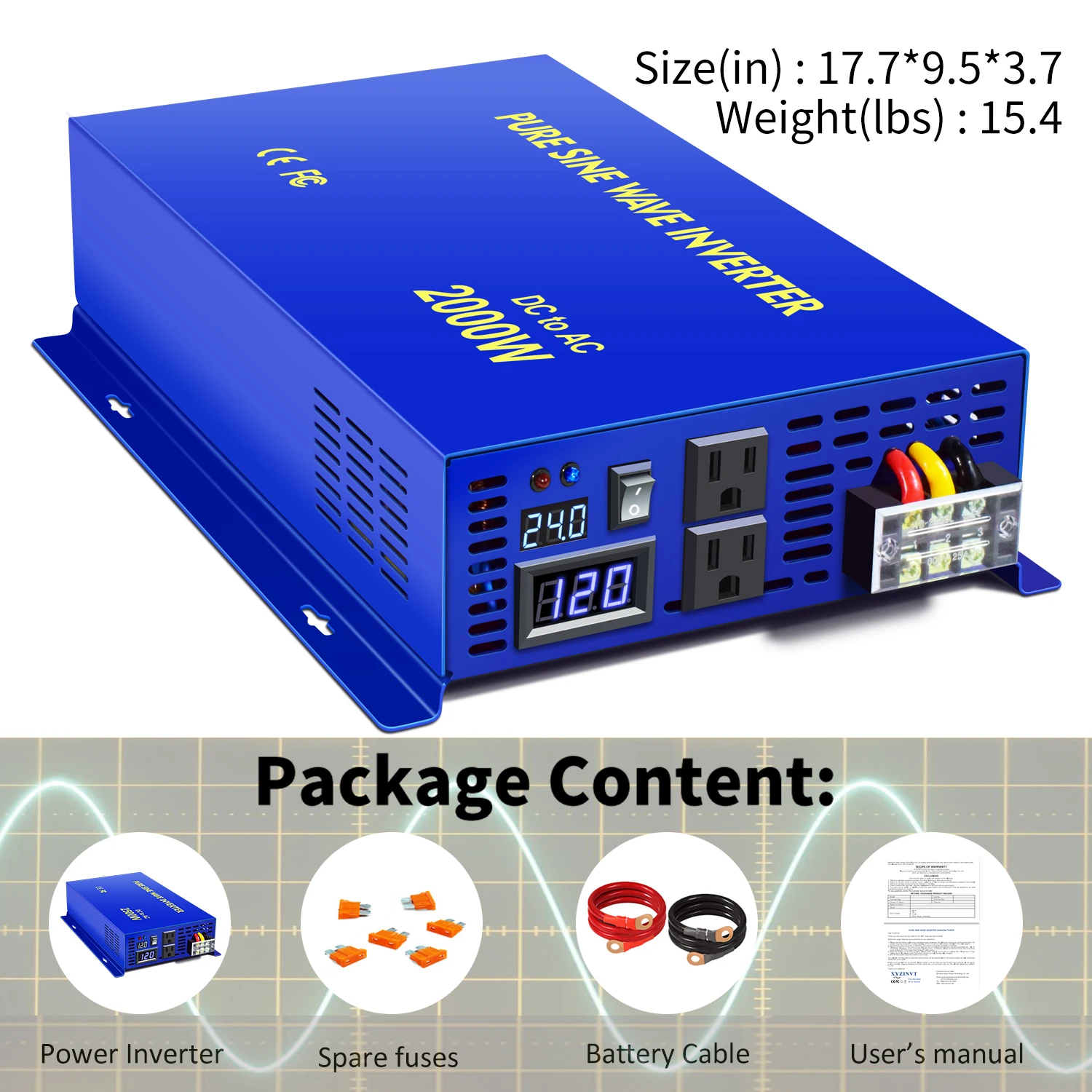 Description Picture 4 of item2000W Pure Sine Wave Inverter 24V 220V Solar Panel Inverter Power Supply 12V/36V/48V DC to 110V/120V/230V/240V AC Remote Control