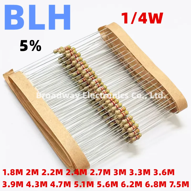 0.25W Carbon Film Resistor 1/4W 5% 1.8M 2M 2.2M 2.4M 2.7M 3M 3.3M 3.6M 3.9M 4.3M 4.7M 5.1M 5.6M 6.2M 6.8M 7.5M Ohm 100PCS