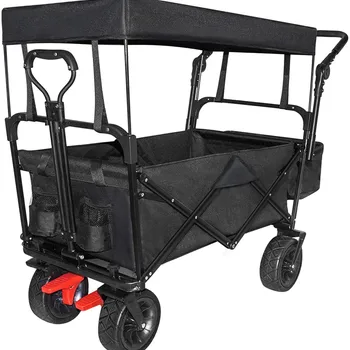 캐노피 접이식 푸시 왜건 카트, 접이식 유틸리티, 캠핑 헤비 듀티 쇼핑, 와이드 휠 레드
