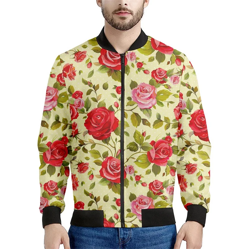 thumbnail image 1 of Chaqueta con cremallera y estampado de flores de rosas para hombre, abrigo con estampado floral en 3D de plantas, chaquetas informales de gran tamaño, ropa de calle, mangas largas, 1 of 5
