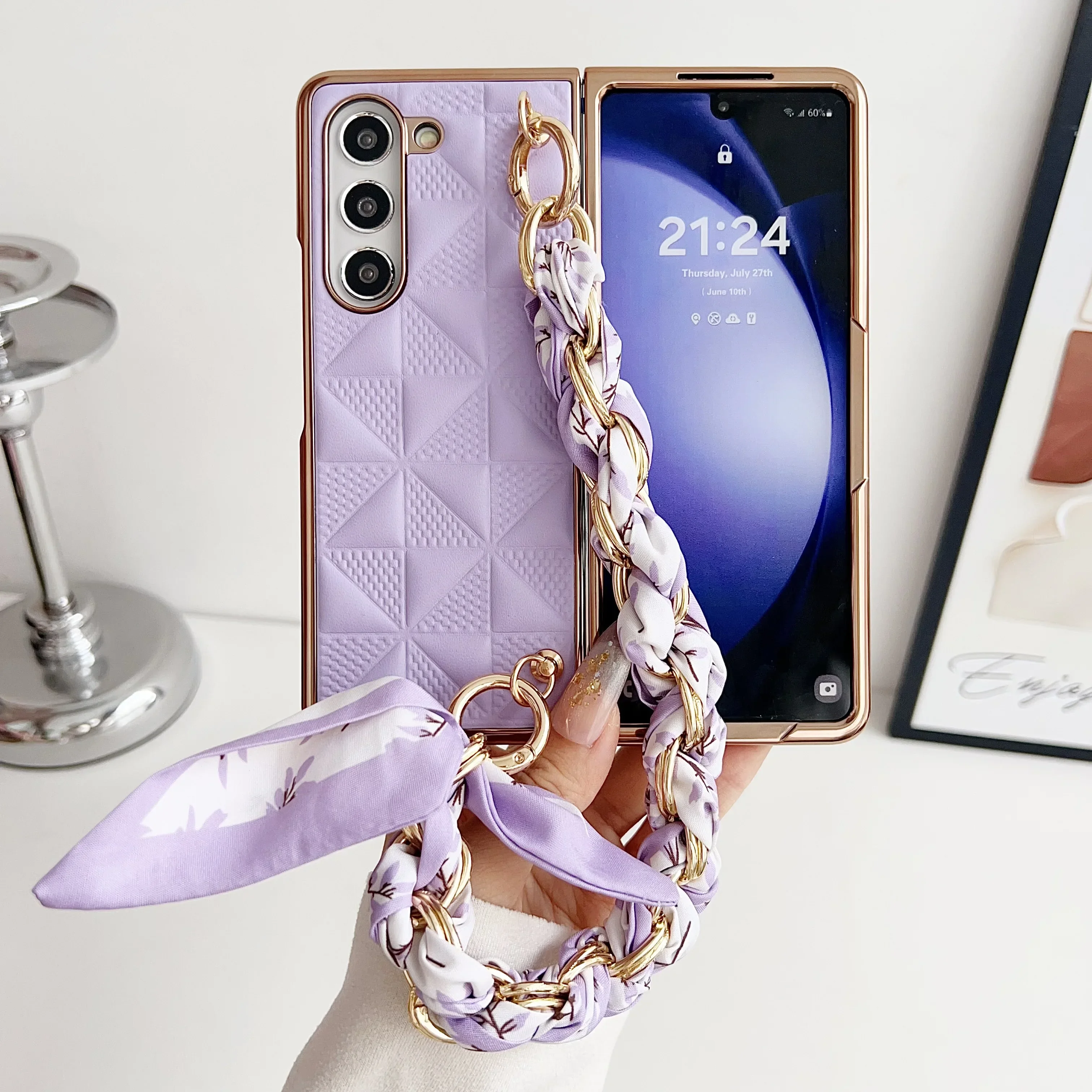 Coque de téléphone en cuir à treillis galvanisé de luxe pour Samsung Galaxy Z Flod 6 5 4 3 5G, étui de protection antichoc à la mode_voghion.com