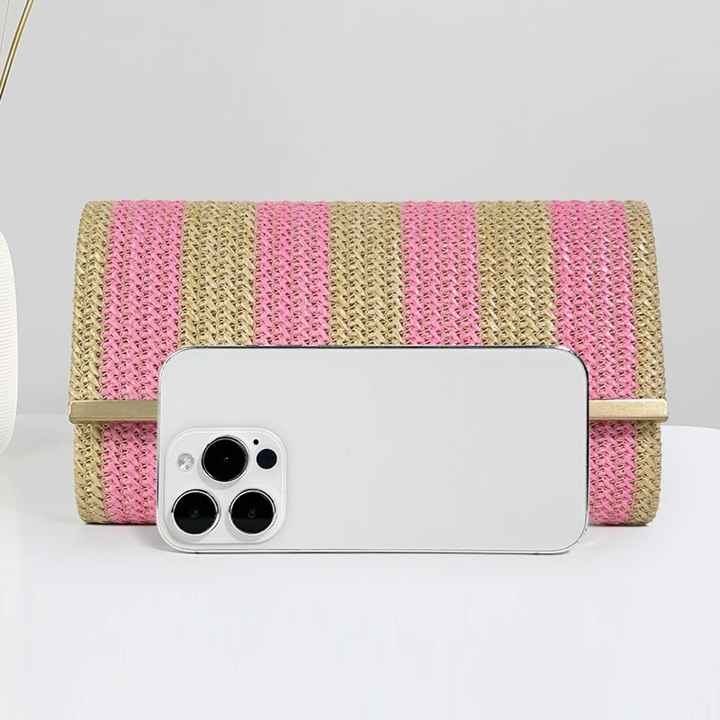 Fashion Pink Striped Clutch Bag for Women PP Straw Chains Shoulder Crossbody Bag Summer Beach Bags Small Party Purses 2024