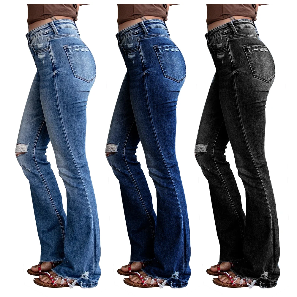 Women Bell Bottom Jeans High Waist Ripped Ladies Denim Pants Fashion Causal Hole Streetwear Flared Trousers Female bootcut jeans leather pants