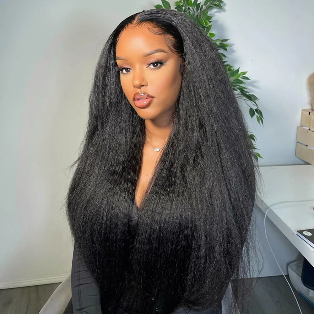 Yaki Kinky Straight Natural Black 13X4 Transparent Lace Frontal Synthetic Wig for Women