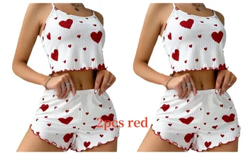 Women's Pajamas Set Sleepwear 2 PCS Short Tank Tops And Shorts S M L White Ventilate Soft Casual Love Printing 17
