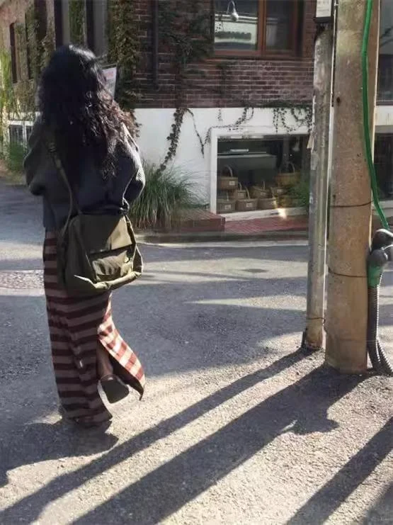 Comfortable Casual Striped Color Blo Long f Skirt with Dstring Lazy mat Brown High Waist A-Line Skirt