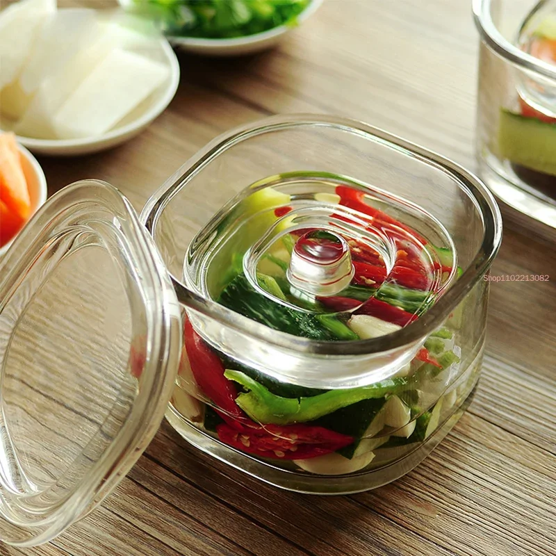 Korean Style Glass Kimchi Jars Household Transparent Light Stain Jars Thickened Glass Weight Stone with Lid Kitchen Kimchi Jars 2