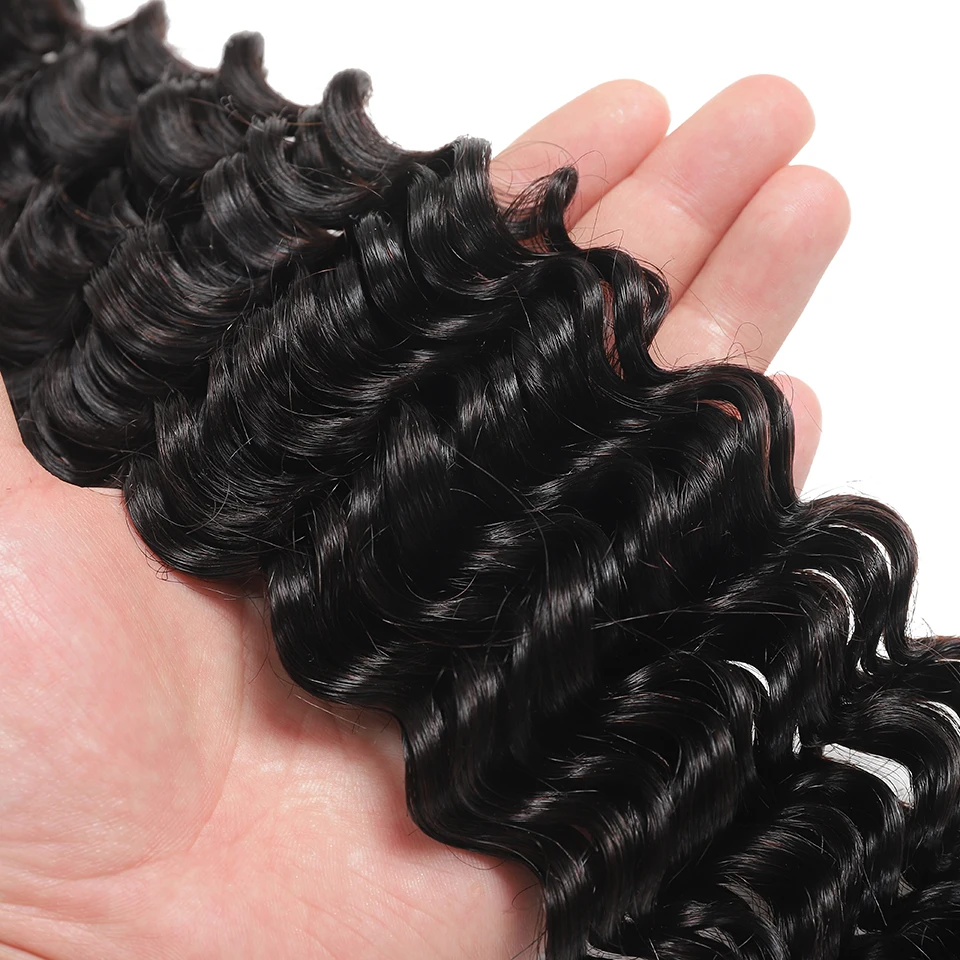 12ADeep Wave Bundles With Closure Indian Human Hair Weave 3 Bundles With 4x4 Closure Swiss HD Transparent Lace