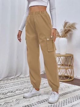 Women's Plain Pocket Elastic Waist Cargo Pants Street Fashion Casual Trousers for Daily Wear Ladies Bottoms for All Seasons