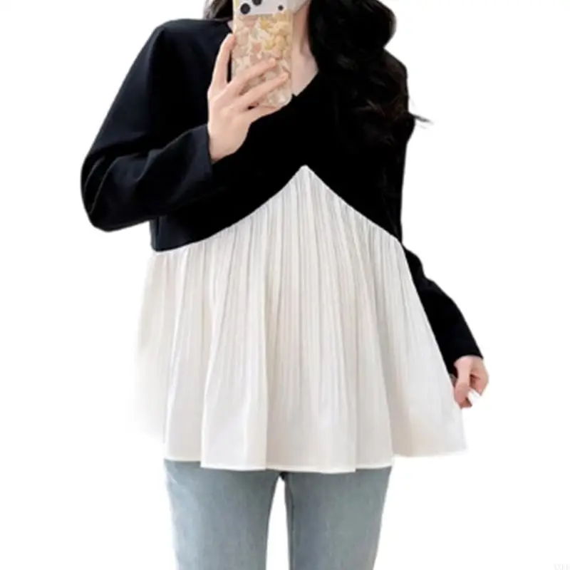 패치워크 디자인 탑 데일리 아웃도어 착용을 위한 편안한 임산부 블라우스