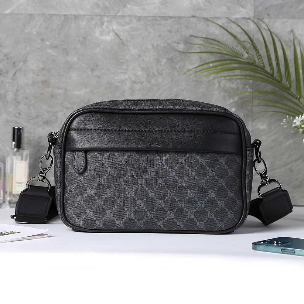 Luxury Plaid Crossbody Bag Men Brand Design PU Leather Shoulder