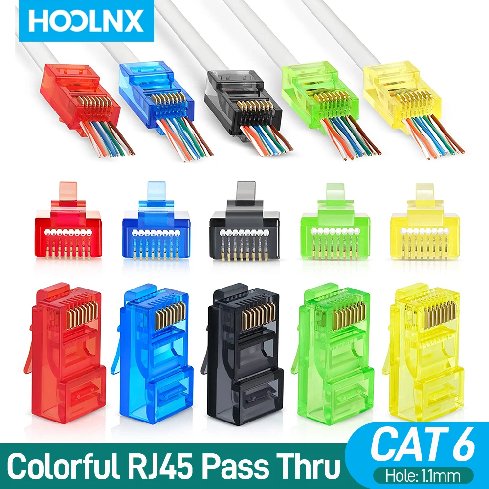 Hoolnx Cat6 Passar Através do Conector Rj45 Plugues Modulares Colorido Ethernet Termina Conectores de Rede Utp 15pack Pacote Banhado a Ouro 50
