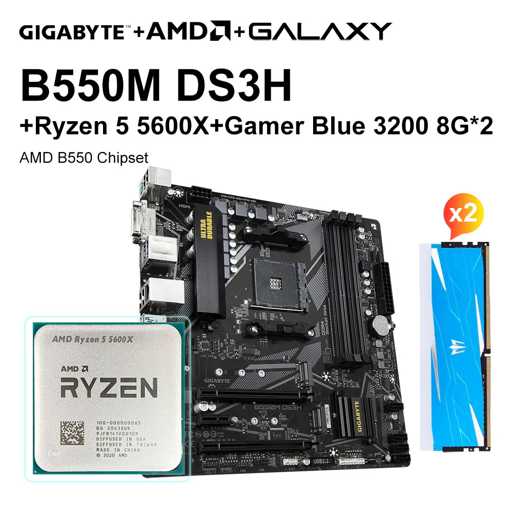 Gigabyte B550M Ds3H Set Scheda Madre + Amd Ryzen 5 5600X R5 5600X Cpu + Galaxy 8G 3200 8G * 2 Ram Processore Scheda Madre E Kit Di Memoria
