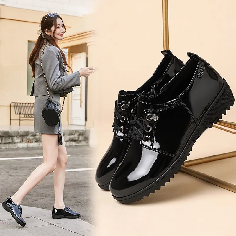 DIMANYU Women's Loafers Lace-up 2024 Spring Patent Leather Lace-up Women's Wedge Heels Non-slip Plus Size Mom Shoes