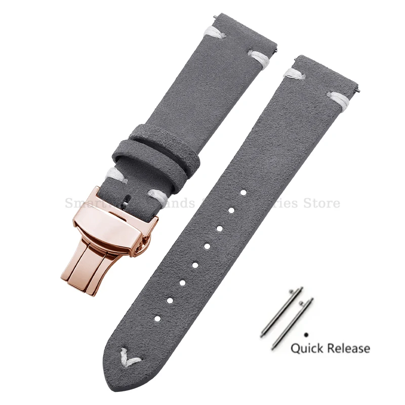 Vintage Handmade Suede Stitch Leather Watch Strap with Quick Release and Folding Clasp