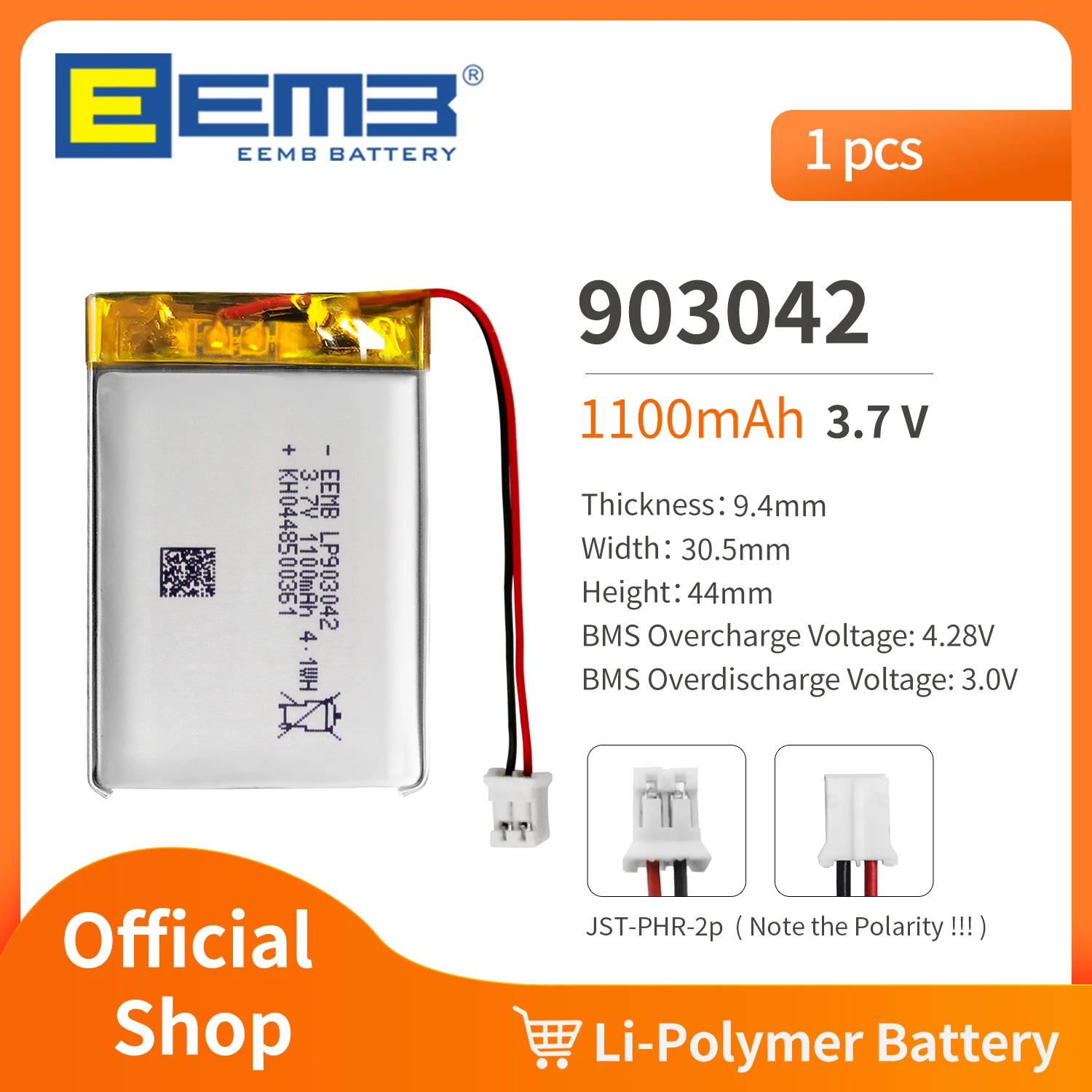 EEMB 903042 3.7V Battery 1900mAh Rechargeable Lithium Polymer Battery Pack For Dashcam,Flashlight,Bluetooth Speaker, GPS,Camera