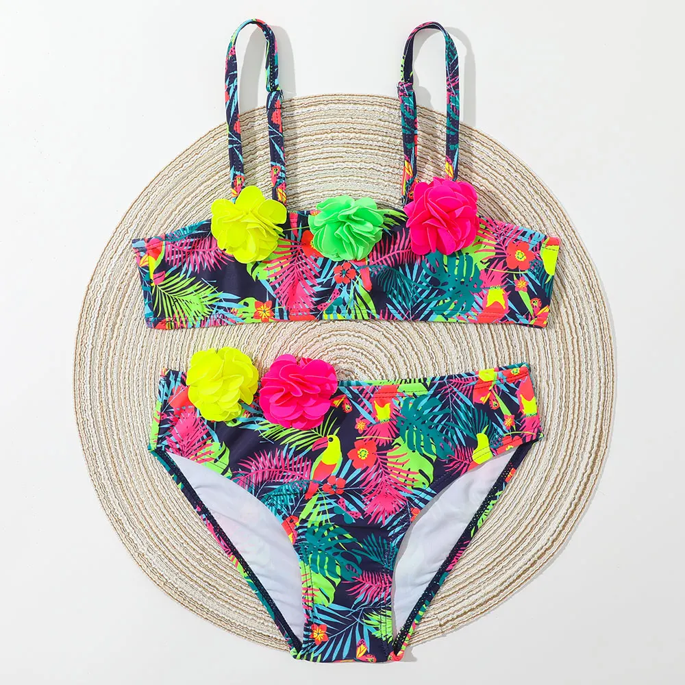 Flower Applique Girl Swimsuit Kids Tropical Print Toddler Bikini Set 4-12 Years Two Piece Children's Swimwear Bathing Suit girls swimsuit
