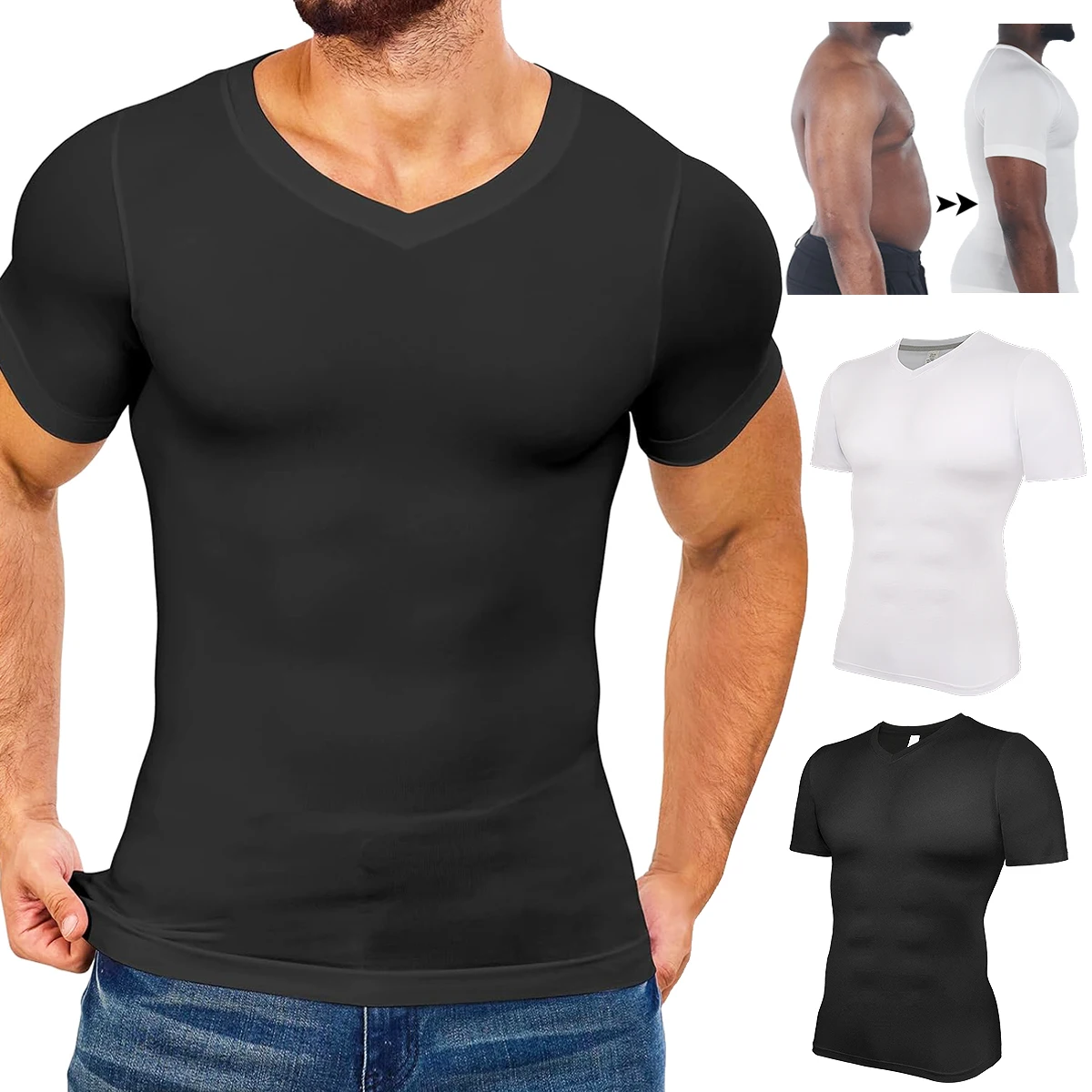 Mens Body Shaper Short Sleeved Compression Shirt V-Neck Slimming Undershirt Workout Abs Abdomen Tummy Control Quick Drying Tops