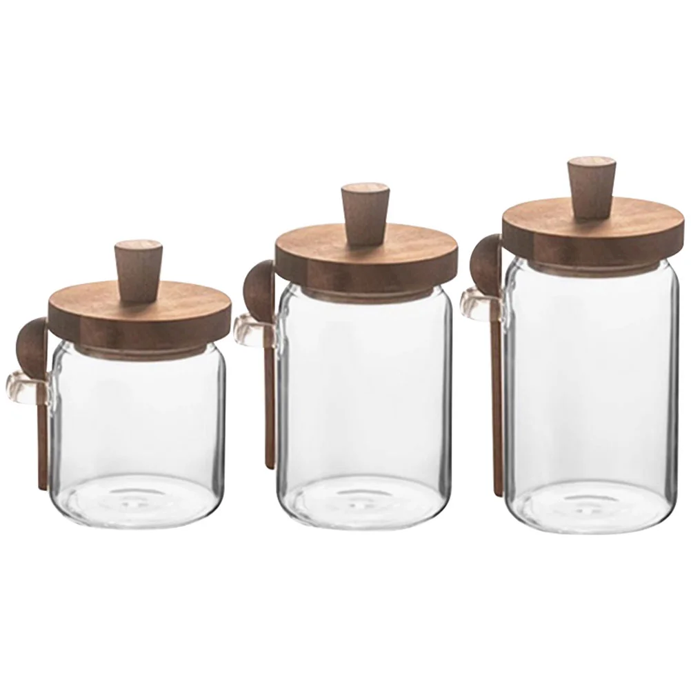 

3 Sets Crisper Spice Jar Glass Wood Sugar Containers for Countertop Seasoning with Spoon