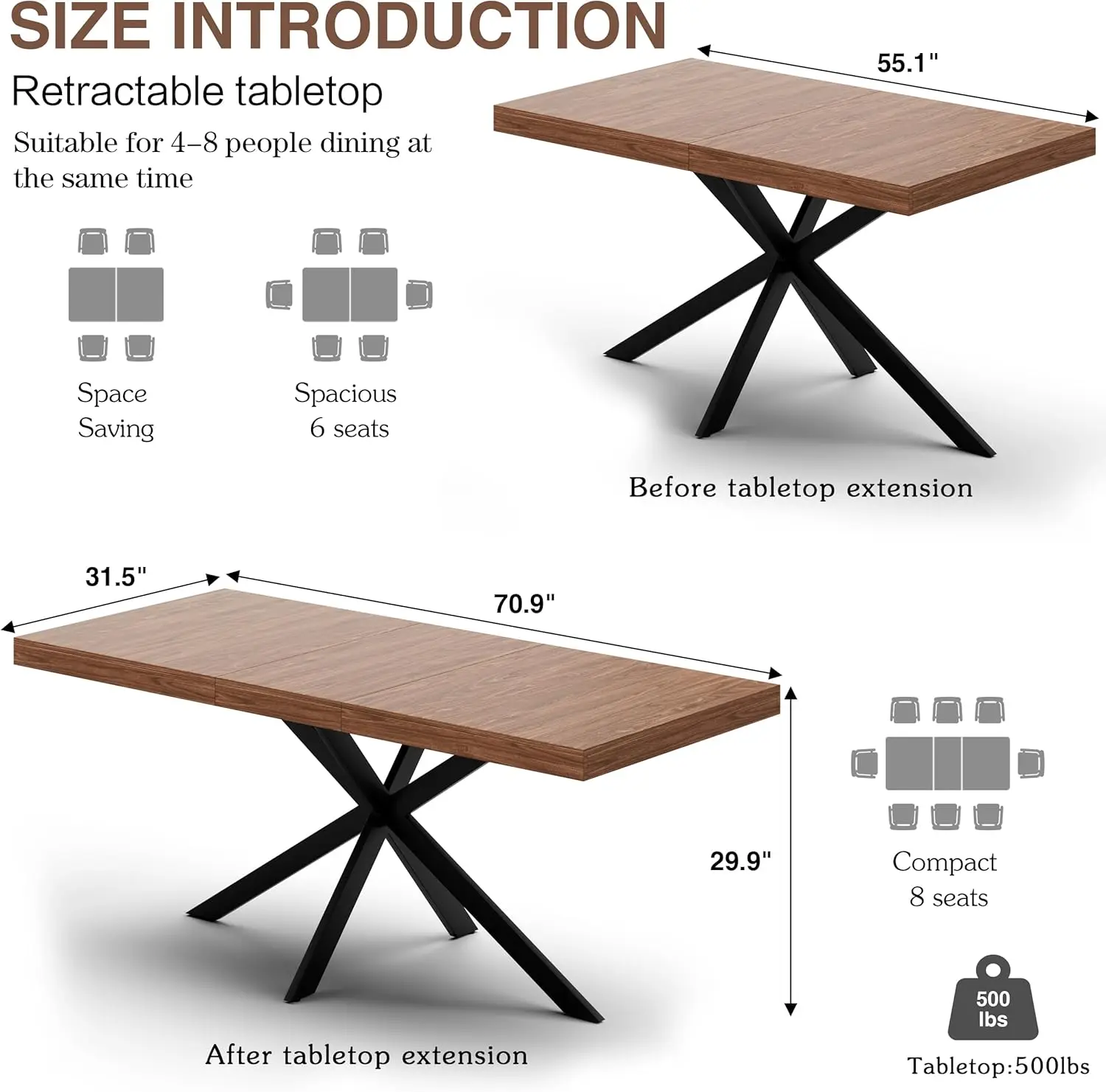 new-Extendable Dining Room Table for 4-8, 55''-70.9'' Wooden Rectangle Expandable Dining Table with Hidden Storage, Space Saving