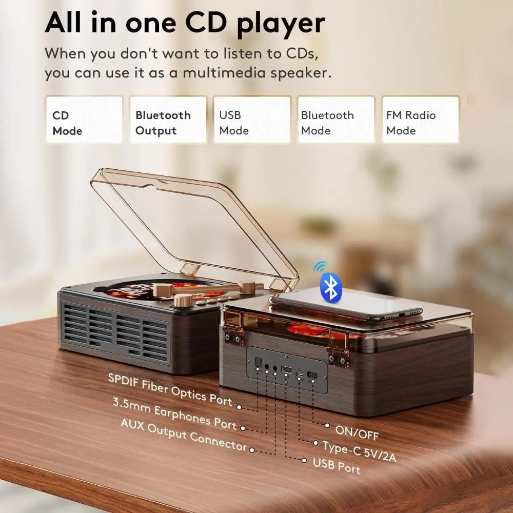 Nostalgic Built-in Speakers Wood CD Player Bluetooth Transmitter Bass Boost Music Player Walnut Brown Wired M Radio