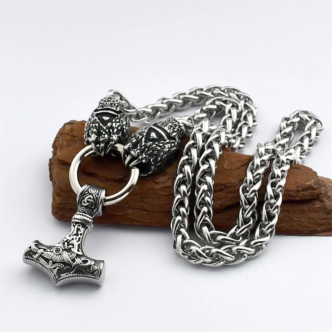 Viking Thor's Hammer Pendant Necklace Stainless Steel Bear Claw Chain Keel Chain Necklace Viking Jewelry