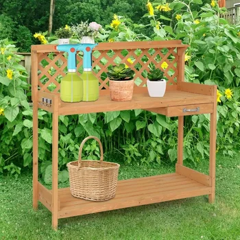 Wood Garden Potting Bench with Storage & Hooks 1