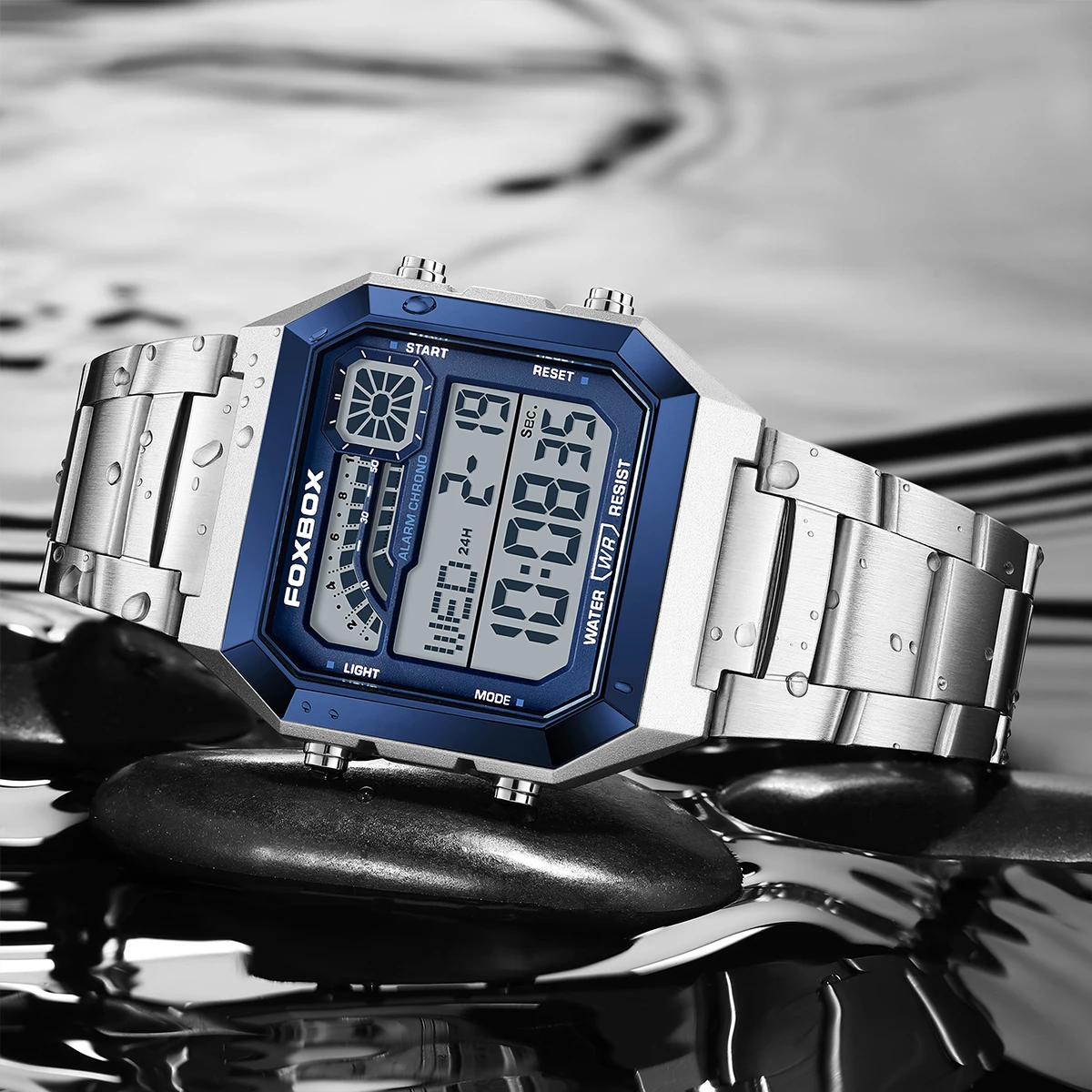 FOXBOX New Luxury Retro Digital Sports Watch for Men Square Stainless Steel Waterproof Mens Wristwatches LED Electronic Clock