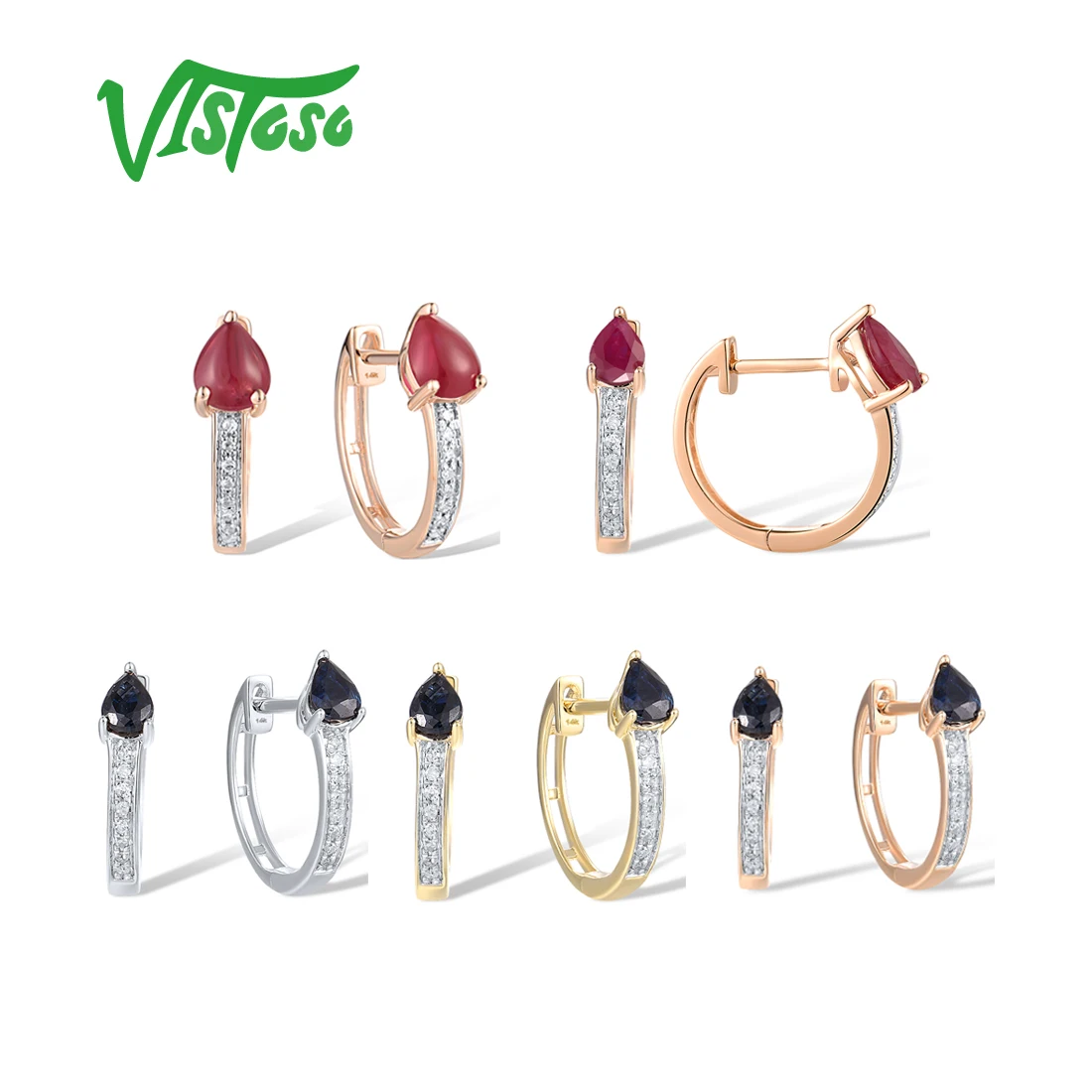 

VISTOSO Pure 14K 585 Rose White Yellow Gold Earrings For Women Sparkling Diamond Blue Sapphire Ruby Hoop Delicate Fine Jewelry