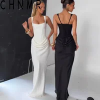 CHNMR Robe longue sexy dos nu froncée pour femme, col en U, sans manches, moulante, noire, pour soirée 1