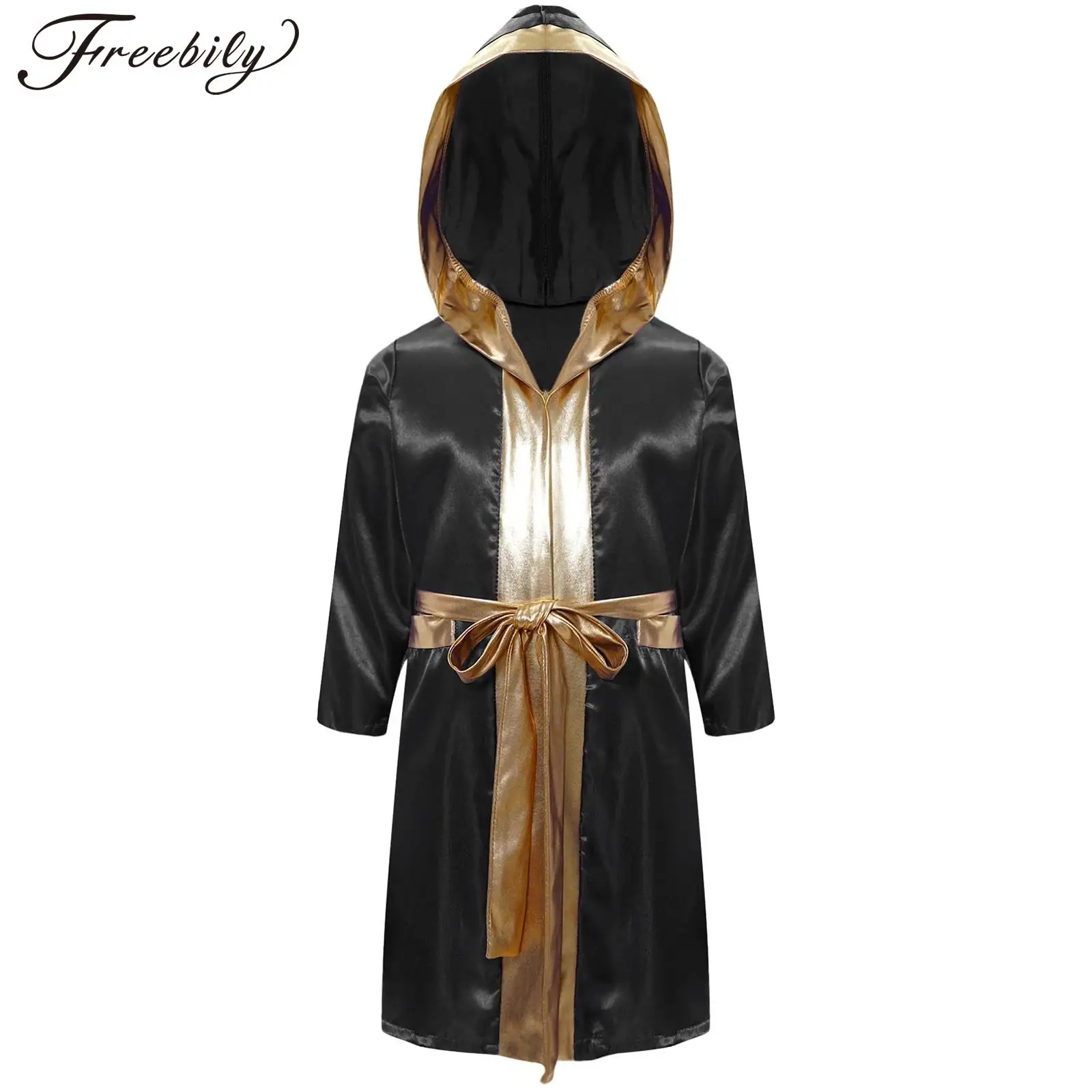 Kids Boys Boxing Robe Halloween Theme Party Boxer Cosplay Costume Long Sleeve Open Front Metallic Satin Hooded Cloak with Belt kids cosplay costume superhero cosplay costume