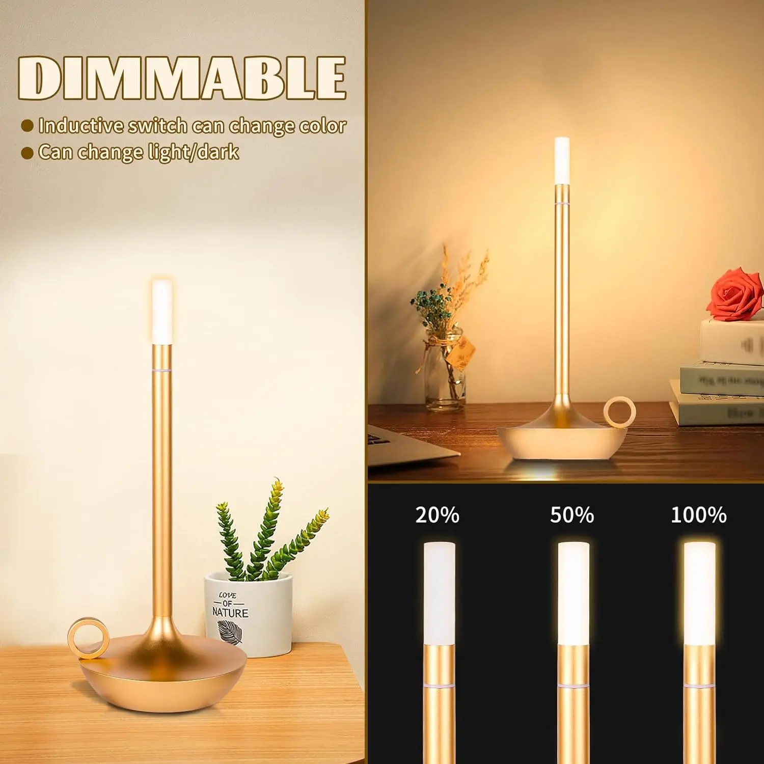 Rechargeable Table Lamp Touch Sensor Desktop LED Night Light Wireless Reading Lamp for Restaurant Hotel Bar Bedroom Decor Light 2