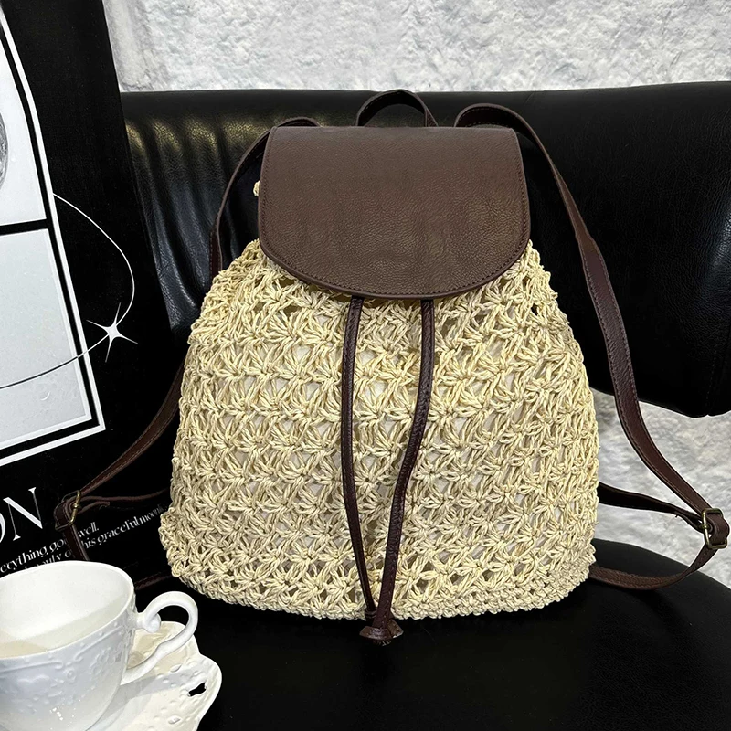 Women's Summer Boho Straw Backpack Hollow Shoulder Hobo Bag Crochet Woven Travel Beach Knitted Bag