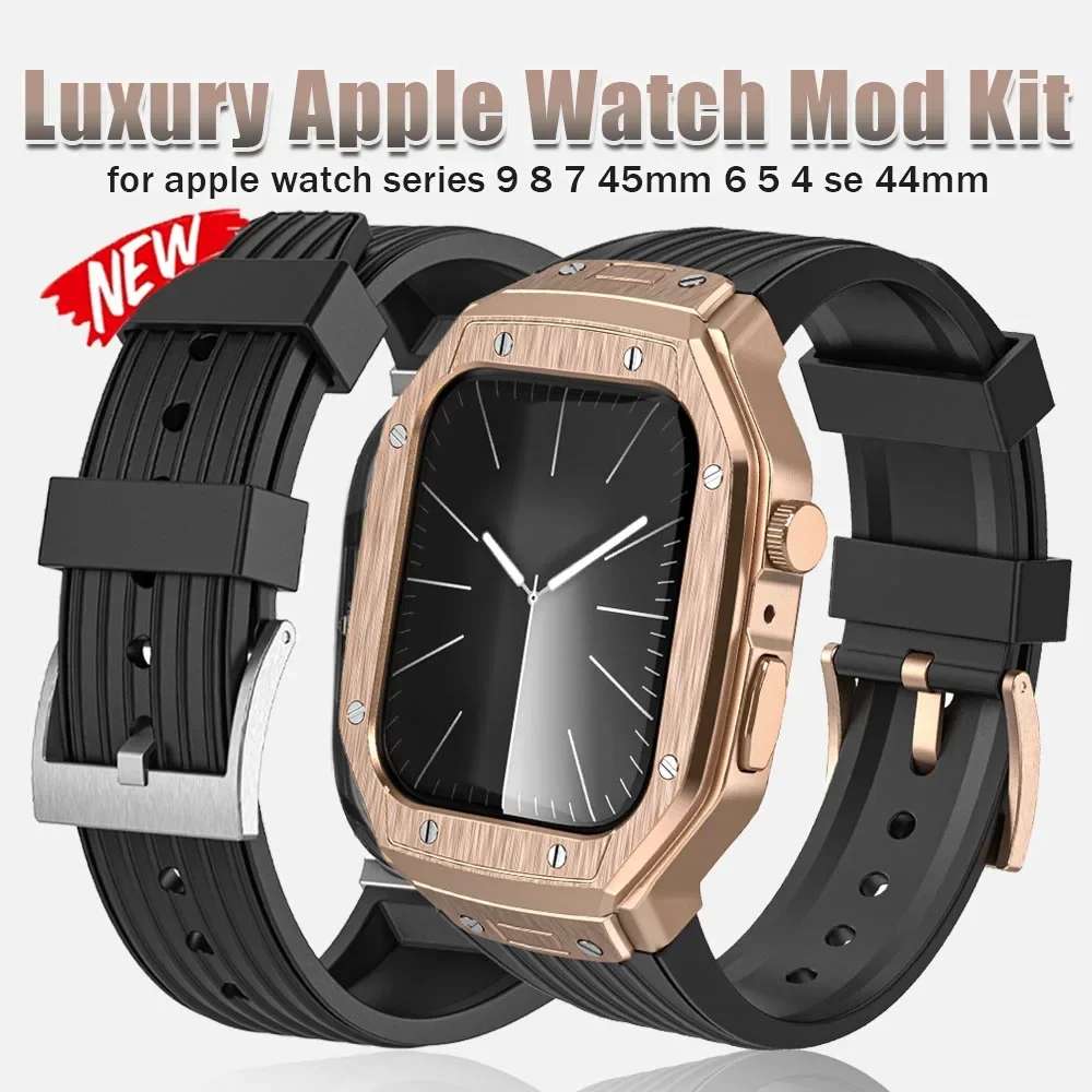 

Luxury Modification Kit For Apple Watch 9 8 7 45mm For iWatch Series 6 5 4 se 44mm Metal Case+TPU Strap Replacement Accessories