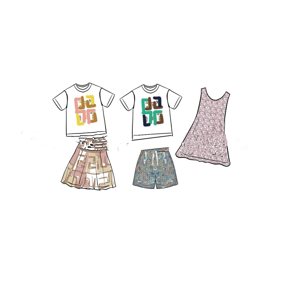 

Summer new casual full print letters for boys and girls, simple short sleeved T-shirts, shorts, skirts, and matching sets