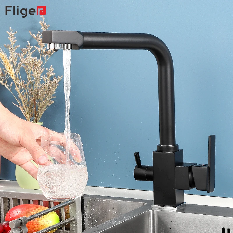 

Fliger Filter Kitchen Faucets Brass Purifier Faucet Square Black Kitchen Sink Faucets Drinking Water Tap Sink Mixer Tap Torneira